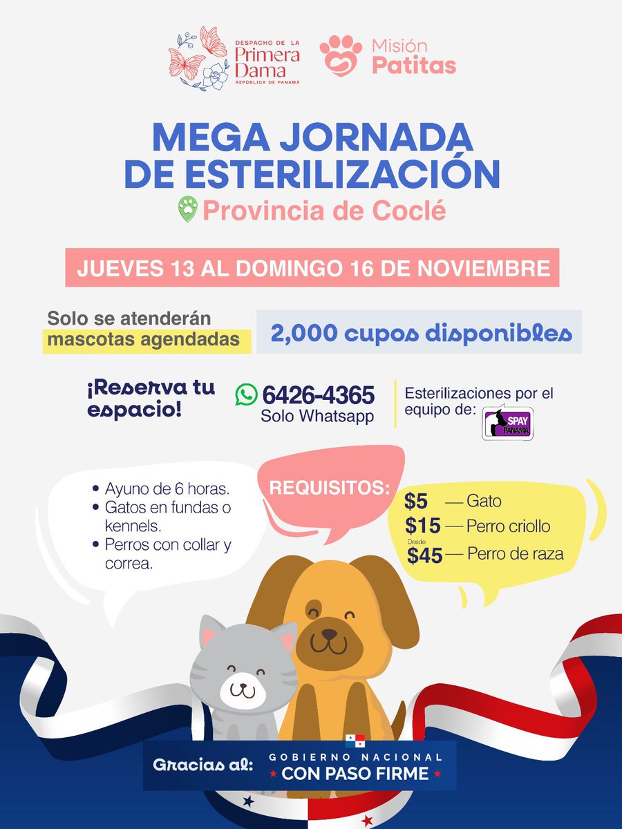 El amor por nuestras mascotas también se demuestra con responsabilidad.

Del 13 al 16 de noviembre estaremos en Coclé con una Mega Jornada de Esterilización, una iniciativa que busca mejorar la calidad de vida de nuestros animales y promover comunidades más saludables.

Juntos