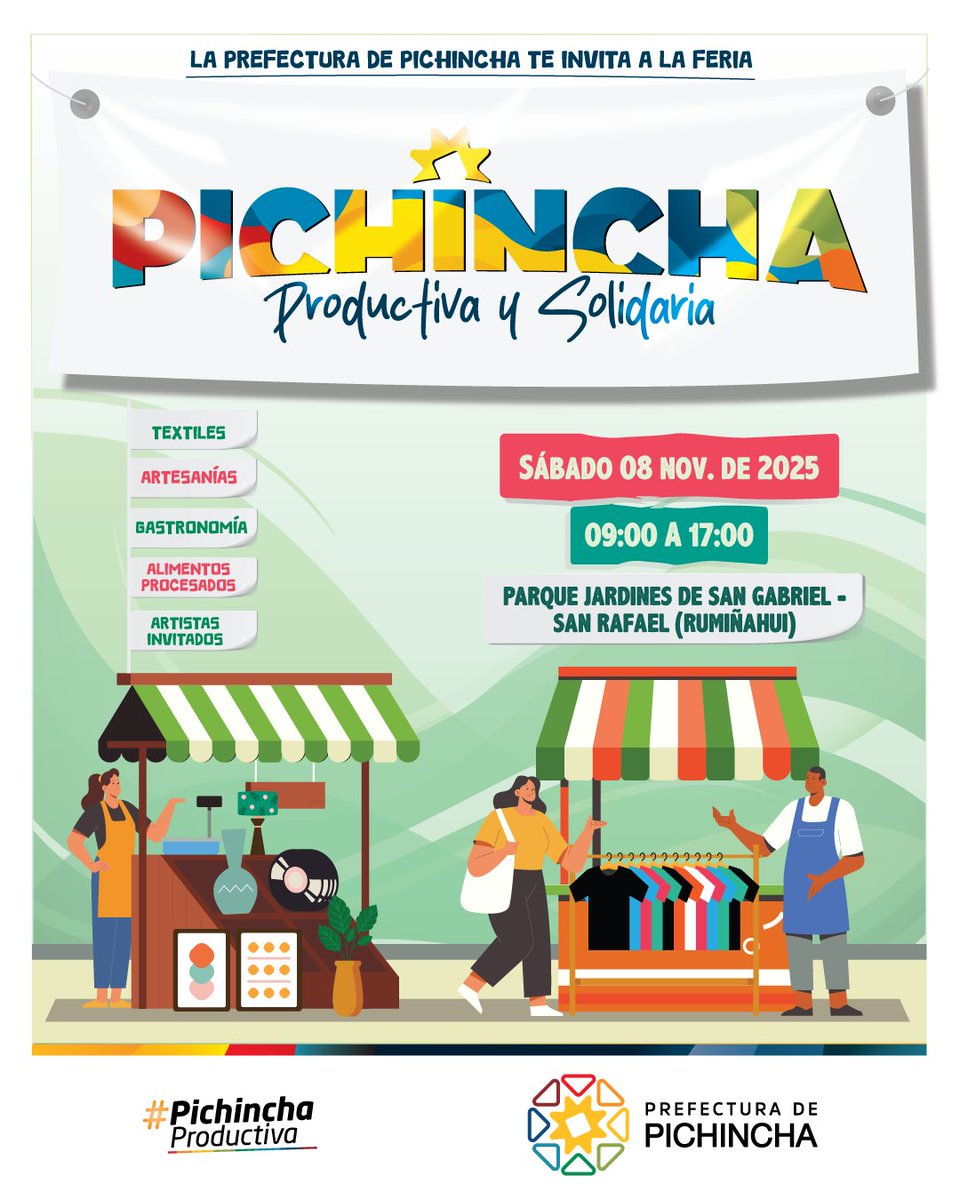 🌟 ¡#Rumiñahui se llena de color y sabor! 🌟

Este sábado 8 de noviembre prepárate para un día lleno de sabor, cultura y diversión en la Feria Pichincha Productiva y Solidaria. 💪

📍 Parque Jardines de San Gabriel – San Rafael
🕘 09h00 a 17h00

✨ Apoya a nuestros emprendedores