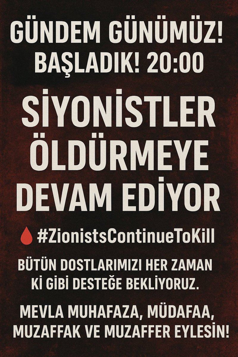 Gündem Günümüz!
Başladık! 20:00

"Siyonistler öldürmeye devam ediyor"
Başlığı ve 
"🩸#ZionistsContinueToKill" etiketi ile bütün dostlarımızı her zaman ki gibi desteğe bekliyoruz.

Mevla muhafaza, müdafaa, muvaffak ve muzaffer eylesin!

<a href="/Yahya__Sinwar/">Yahya Sinvar 🇹🇷</a> 
<a href="/tayyartercan/">Tayyar Tercan</a>
<a href="/AA93377594/">A. Nur</a>