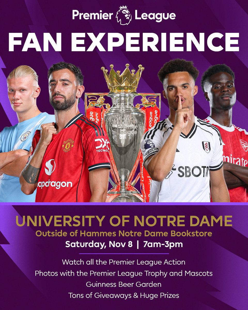 The Premier League joins the game day atmosphere this Saturday. Stop by Hammes Notre Dame Bookstore from 7am to 3pm for trophy photos, mascots, giveaways, and big prizes.

#GoIrish☘️