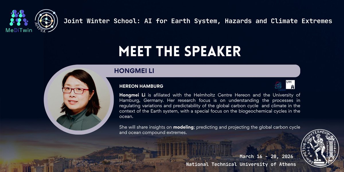AI4PEX's tweet image. 🎤 Meet our speakers at the Joint Winter School “AI for Earth System, Hazards and Climate Extremes”!
🌟Ramón Fuentes Franco, SMHI 🌟Hongmei Li, Hereon 🌟Gustau Camps-Valls, Valencia University 🌟Zisoula Ntasiou, Hellenic Fire Corps

👉 Find out more: buff.ly/kNH2f5B