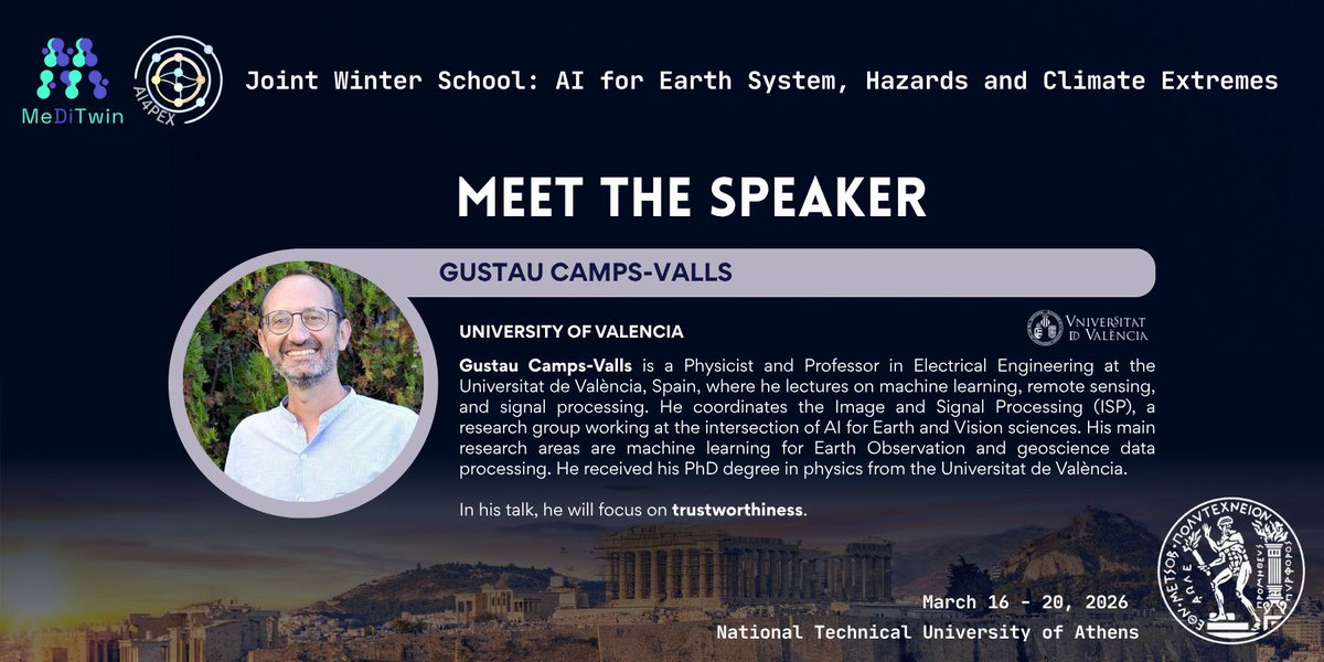 AI4PEX's tweet image. 🎤 Meet our speakers at the Joint Winter School “AI for Earth System, Hazards and Climate Extremes”!
🌟Ramón Fuentes Franco, SMHI 🌟Hongmei Li, Hereon 🌟Gustau Camps-Valls, Valencia University 🌟Zisoula Ntasiou, Hellenic Fire Corps

👉 Find out more: buff.ly/kNH2f5B