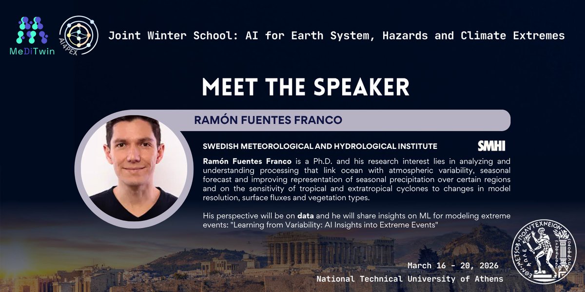 AI4PEX's tweet image. 🎤 Meet our speakers at the Joint Winter School “AI for Earth System, Hazards and Climate Extremes”!
🌟Ramón Fuentes Franco, SMHI 🌟Hongmei Li, Hereon 🌟Gustau Camps-Valls, Valencia University 🌟Zisoula Ntasiou, Hellenic Fire Corps

👉 Find out more: buff.ly/kNH2f5B