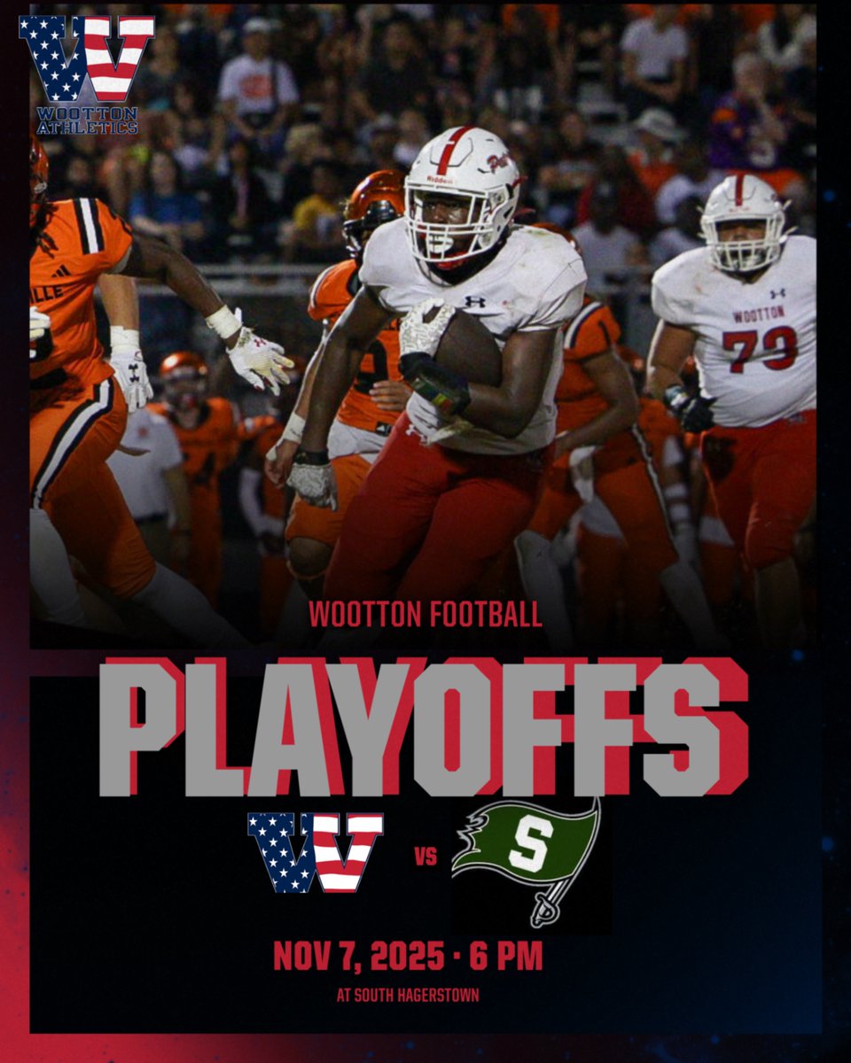 Wootton Football's first playoff game is tonight at 6PM at South Hagerstown, Lets Go Pats‼️