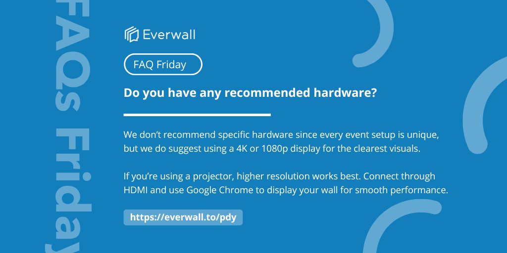 everwall's tweet image. No specific hardware needed for your social wall—just a 4K or 1080p screen, HDMI connection, and Chrome for best results.

#FAQFriday #EventTech #SocialWalls #Everwall #EventProfs