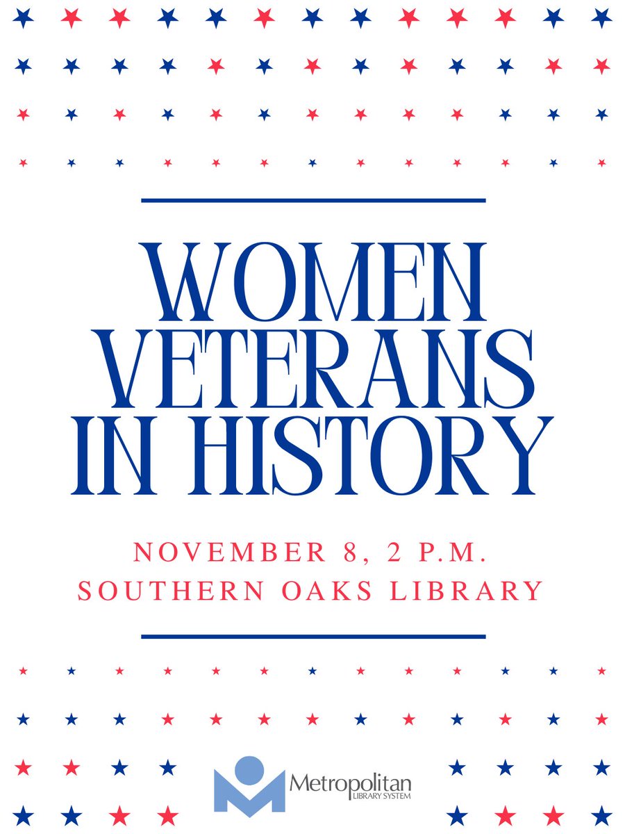 MetroLibraryOK's tweet image. What was it like to serve as a women in the military? 

Tomorrow, the Southern Oaks Library is hosting a speaker from the Oklahoma Women Veterans Organization to guide us through decades of courage, resilience and change. Details: ow.ly/PJrA50XoqAX