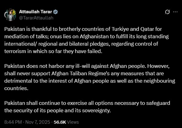 hsawan's tweet image. Attached herewith is a screenshot featuring Pakistan’s Federal Minister for Information &amp;amp; Broadcasting, Mr. @TararAttaullah. The post therein reflects that the third round of Pakistan–Afghanistan talks, held in Istanbul, remained inconclusive.

x.com/hsawan/status/…