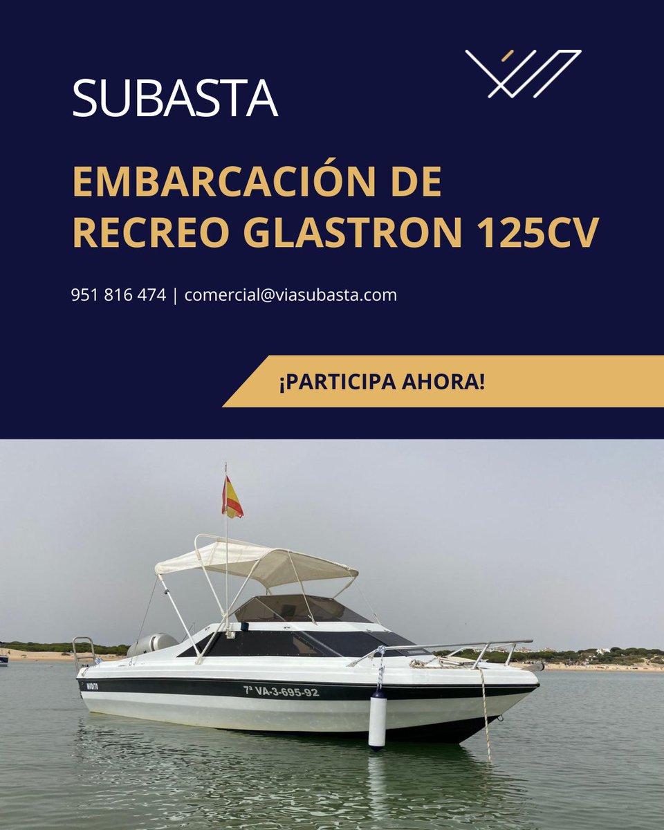 viasubasta's tweet photo. 🌊 En Viasubasta te una Embarcación de recreo GLASTRON con motor Honda de 125CV

-Valoración: 9.000 €
-Eslora de 5,20 m, capacidad para 6 personas
-Camarote y asientos recién tapizados
-Doble batería, bomba de achique, altavoces integrados

🔗 https://t.co/jKZCiMpZKX https://t.co/C7aEPnxNfZ