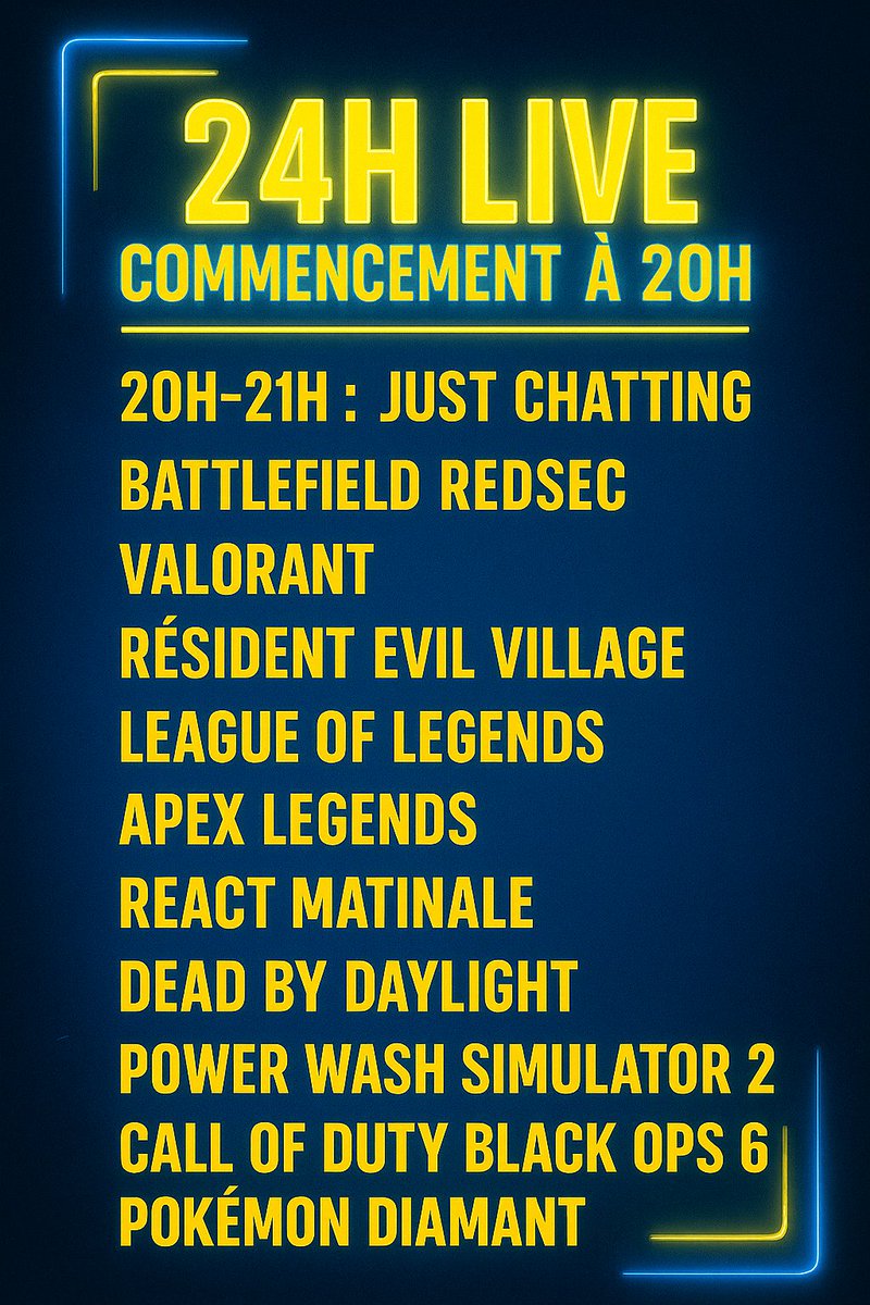 24H de live dès ce soir ! 

Voici les jeux qui serons jouer ce soir :D alors rendez vous à 20H pour ce live de foliiiiiiiie 🩵✨

twitch.tv/narkotino