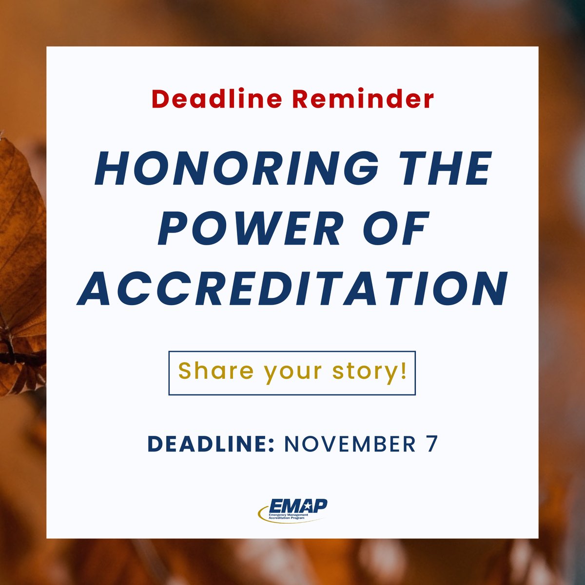 EMAP_US's tweet image. It’s the last day to share what you’re thankful for this season! 🍂

Your reflections help us celebrate the everyday impact of EMAP and the work you do every day.

Submit your story by the end of today: forms.gle/3fRYNk7kW8sZuU…

#EMAP #EMAPAccredited #EmergencyManagement