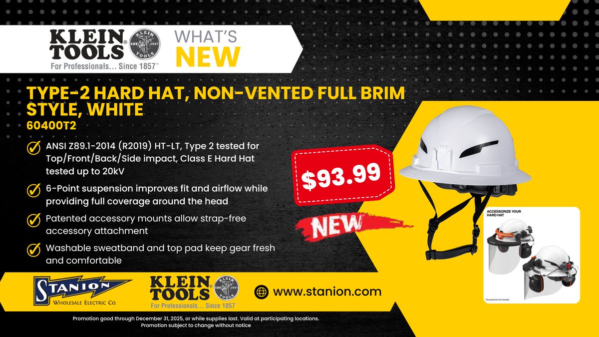 StanionElectric's tweet image. Introducing the Klein Type-2 Hard Hat, with a Full Brim! This hard hat meets ANSI Z89.1-2014 Type-2 standards.🎉 Visit our website or drop by your local Stanion branch to get one, before the promotion ends December 31st!

#KleinTools #New #ToolsForPros #UpgradeYourSafetyGame