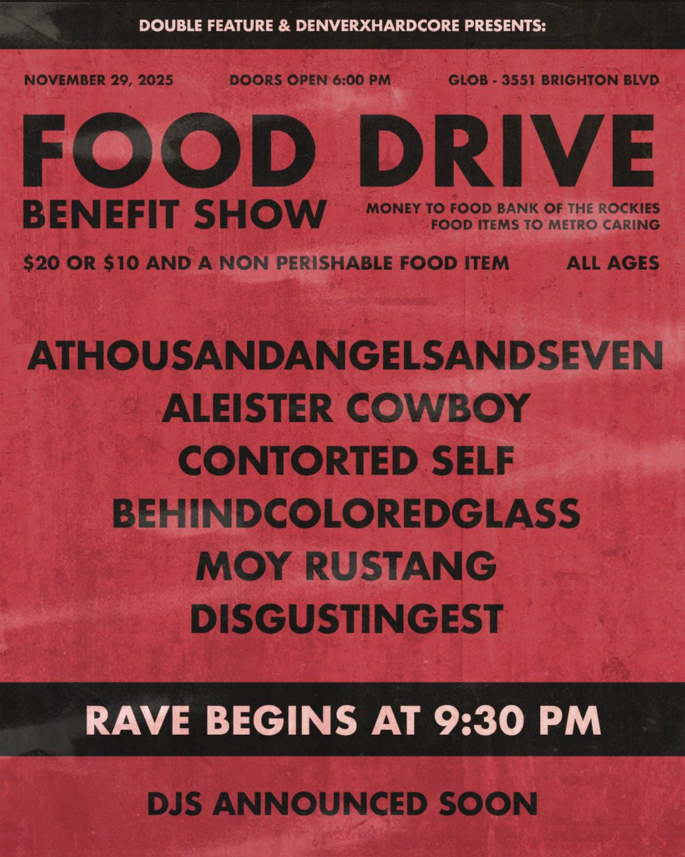 <a href="/lustbrings/">eden</a> and I threw together a show to raise money and collect donations for food banks in the Denver area. The holiday season is hard enough for people in need. With the government shutdown it’s even harder. Support your local community. Go to a show. Be kind.