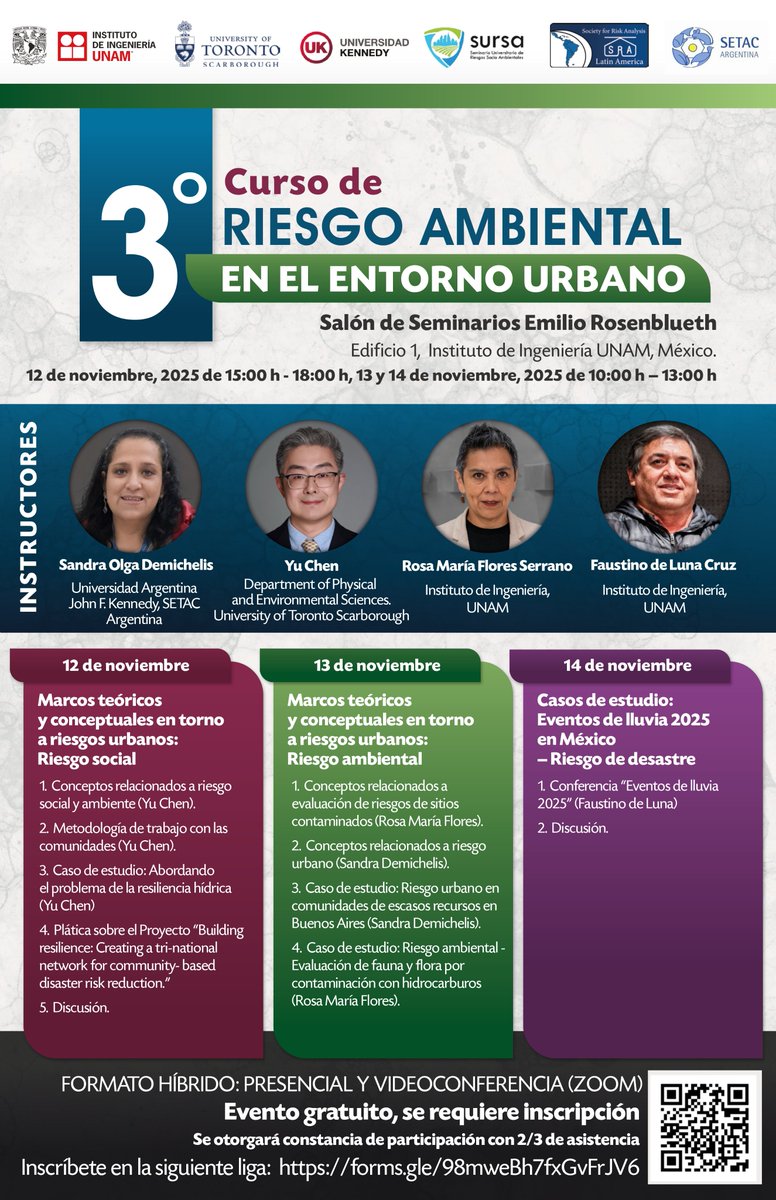 SURSA_UNAM's tweet photo. 🏙️ 3° Curso de Riesgo Ambiental en el entorno urbano 

💻Formato Híbrido
📅12, 13 y 14 de noviembre
⏰15:00 - 18:00 hrs. y 10:00 - 13:00 hrs.
📍Salón de Seminarios Emilio Rosenblueth

@IIUNAM 

🌎Link de registro... 
https://t.co/37HhstqOvY https://t.co/3eijq0Vj7K