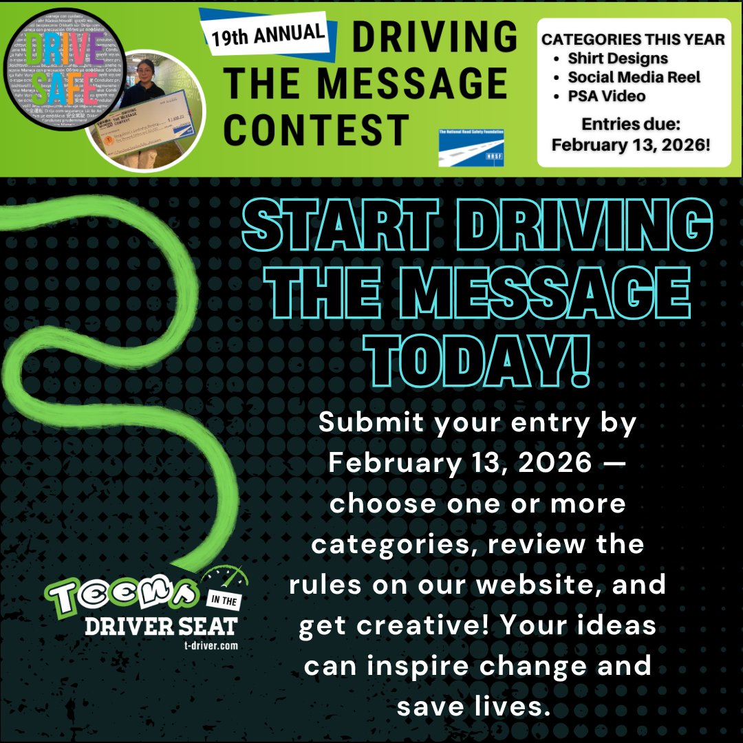 TeensDriverSeat's tweet image. It’s Friday! 🎉 Use your creativity to help save lives with our 19th Annual Driving the Message contest — open now through Feb. 13, 2026! 💡 Design a shirt, reel, or PSA and make roads safer. Learn more: t-driver.com/get-involved/d… #BuckleUp #DriveLikeATexan
