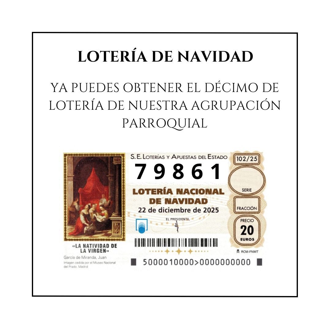 Recordamos que puedes obtener el décimo de Lotería de Navidad de nuestra Agrupación Parroquial los viernes de 19:30 a 21:00h.

#RosariodeSanJerónimo
