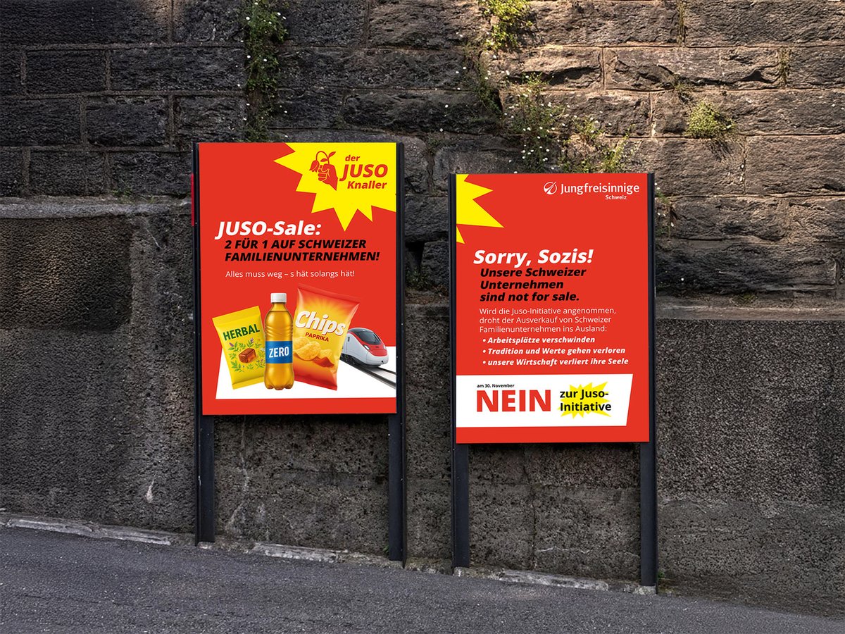 Plakatkampagne gegen die Juso-Initiative lanciert!

Der «Juso-Sale» zeigt, was auf dem Spiel steht: Verkauf und Zerstörung von Familienunternehmen, Verlust von Arbeitsplätzen und das Ende der Schweizer Traditionswirtschaft.

<a href="/20min/">20 Minuten</a> berichtet: 20min.ch/story/familien…