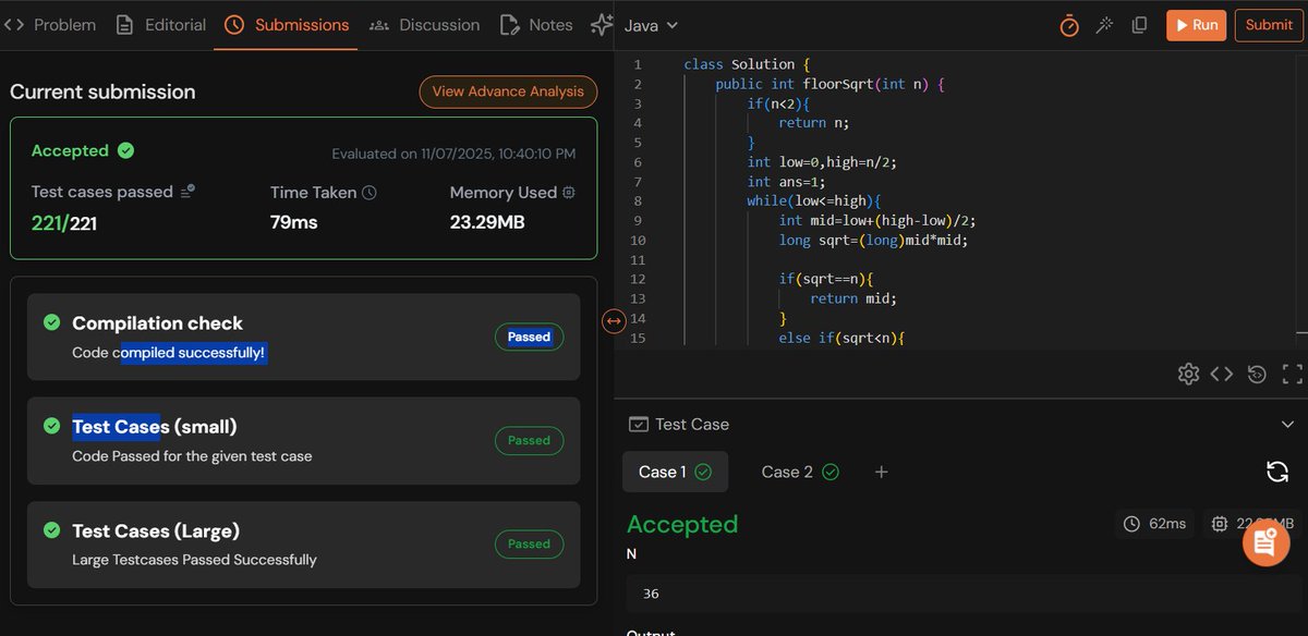 rajeshboya89's tweet image. Day 26 – #TUFWinterArc ❄️

Solved Square Root using Binary Search 📏
Efficient and clean BS application! 

@takeUforward_  @striver_79 
#TakeUForward #TUF #DSA #Coding