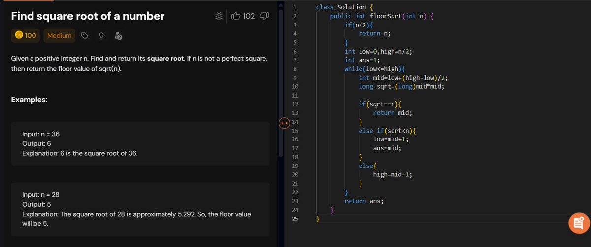 rajeshboya89's tweet image. Day 26 – #TUFWinterArc ❄️

Solved Square Root using Binary Search 📏
Efficient and clean BS application! 

@takeUforward_  @striver_79 
#TakeUForward #TUF #DSA #Coding