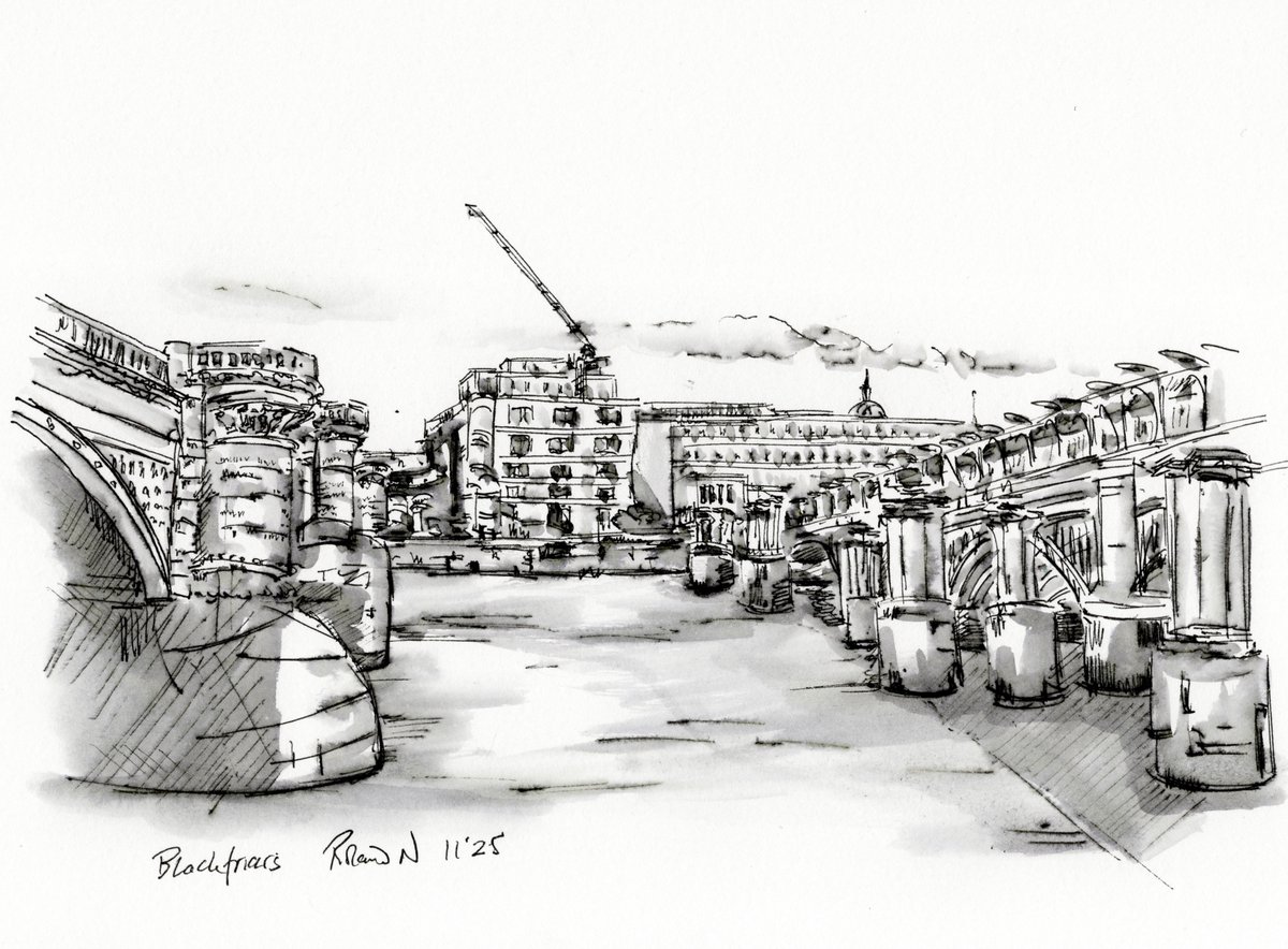 Between the Blackfriars Bridges over the Thames.  One for trains built 1886;  one for everything else built 1869 and the pillars left over from the one built in 1769.   

#London #thames #Blackfrairs #Bridge #art #penandink
