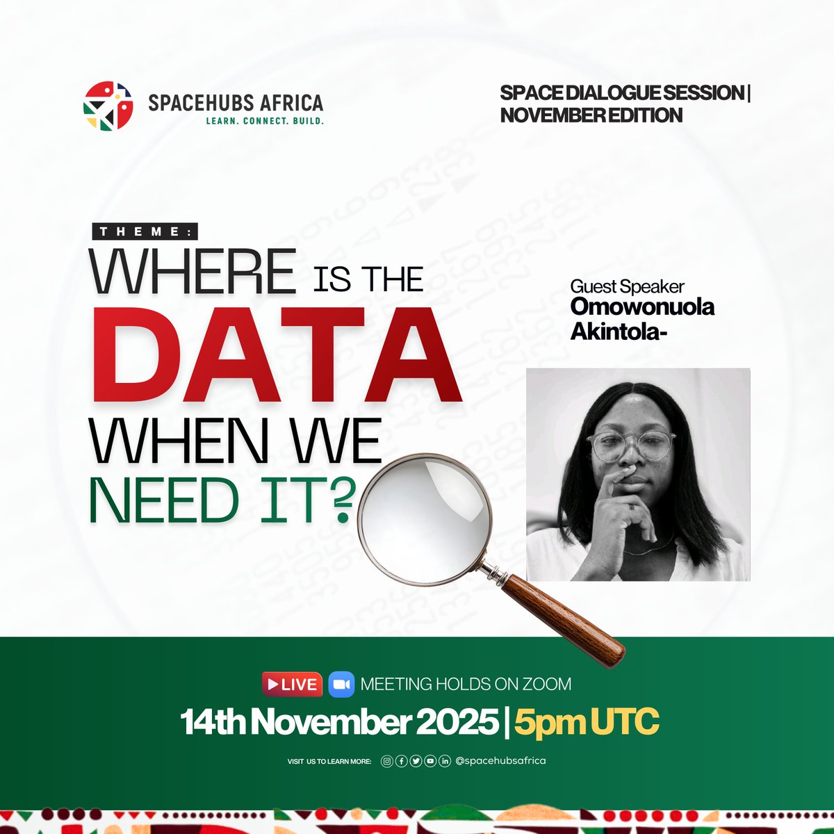 For our next Space Dialogue Session , we’re delighted to welcome Omowonuola Akintola as our guest speaker.

Omowonuola is a Geospatial and Data Specialist committed to using open geospatial technology for development.

Register:spacehubs.africa/webinars