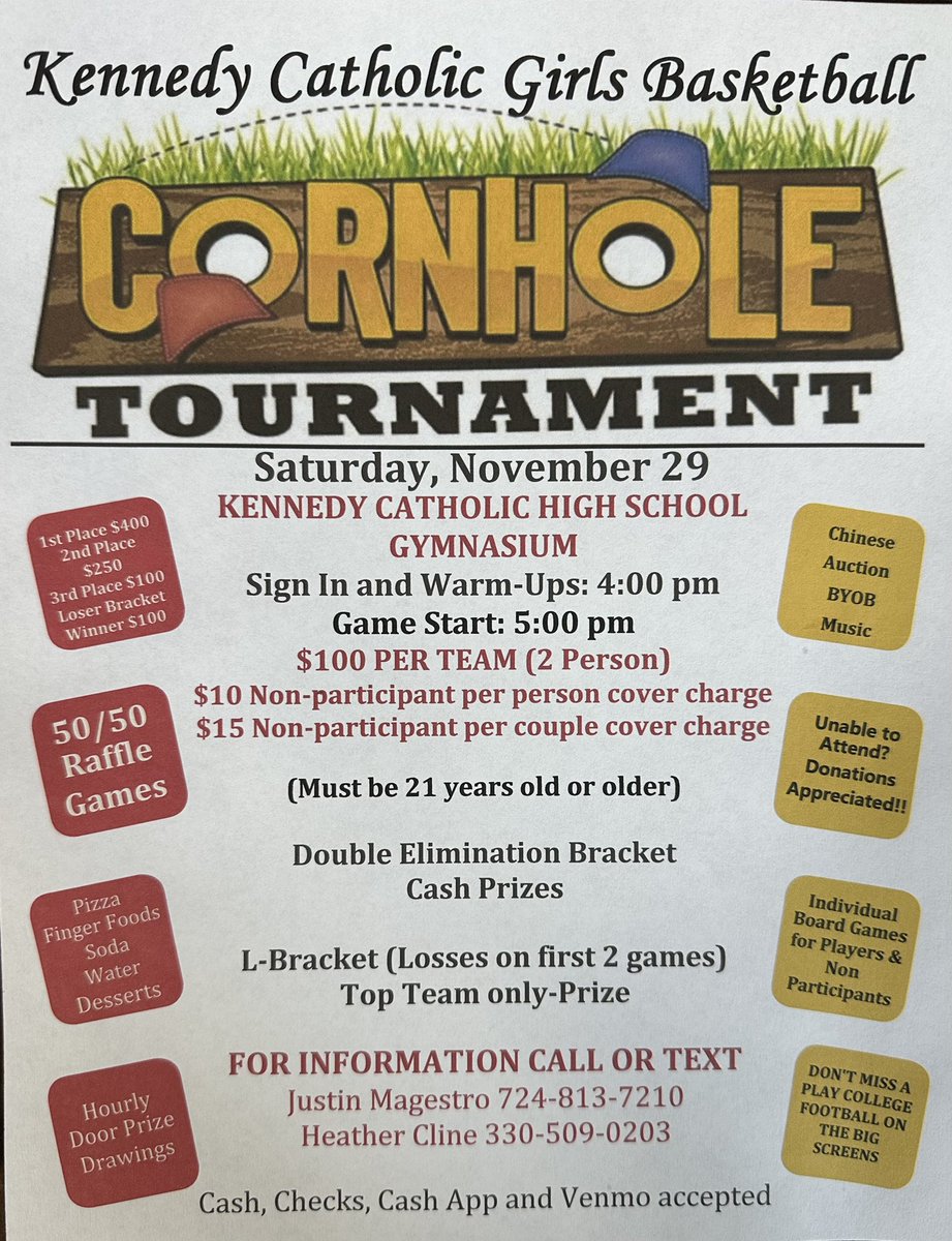 🚨Save the date!!!🚨

The Kennedy Catholic Lady Golden Eagles (21 or older) Cornhole Tournament Fundraiser is November 29th!! 

Big screen TV’s for the Saturday College Football Games, Food, Cash prizes, 50/50, Auction baskets, and more! 

You don’t have to participate in the