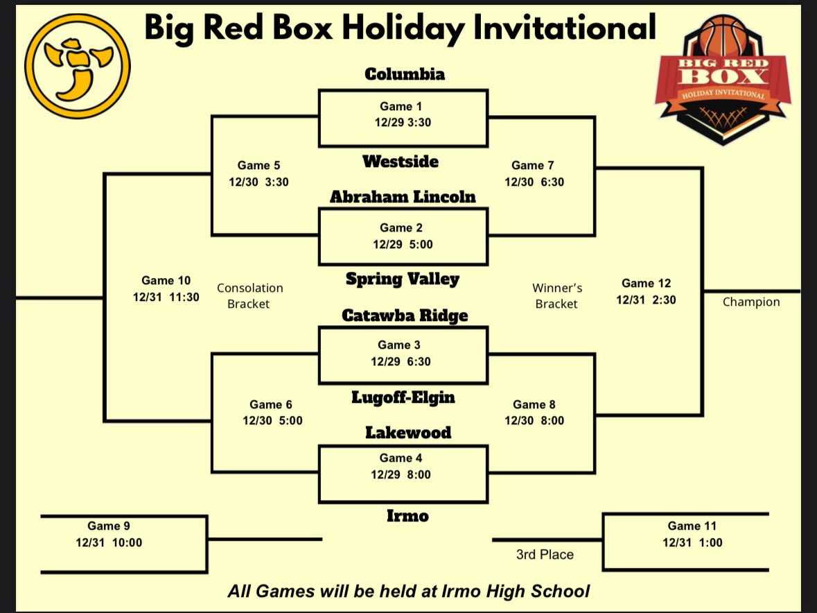 Bracket is set for the inaugural Big Red Box Holiday Invitational! 

Team information / spotlight players coming soon! 

<a href="/LouatTheState/">Lou Bezjak</a> <a href="/junebugnewyork/">Thomas Grant Jr.</a> <a href="/BigRedBoxDumps1/">Big Red Box Dumpster Company</a> <a href="/SV_BoysBBallSC/">Spring Valley Boys 🏀 SC</a> <a href="/columbiacaps/">Columbia Caps</a> <a href="/Westside_Bball/">Westside Basketball</a> <a href="/CatawbaBBall/">CatawbaRidgeBasketball</a> <a href="/LEHoops_/">Lugoff-Elgin Basketball</a> <a href="/Lakewood_Hoops/">Lakewood Gators Boys Basketball</a> <a href="/LincolnHShoops/">Lincoln Railsplitters</a>