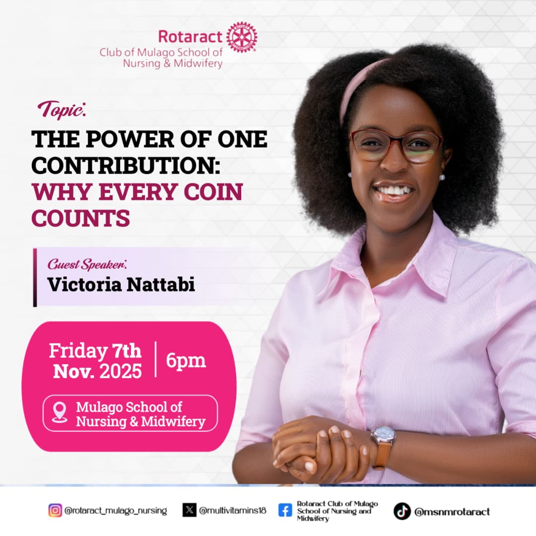 Ever thought your small contribution doesn’t matter? 🤔 Think again! 💪
Join us this Friday for “The Power of One Contribution: Why Every Coin Counts” with Victoria Nattabi 🎤
📅 Nov 7th | 🕕 6pm | 📍Mulago School of Nursing &amp; Midwifery
#Rotaract #EveryCoinCounts #YouthForChange
