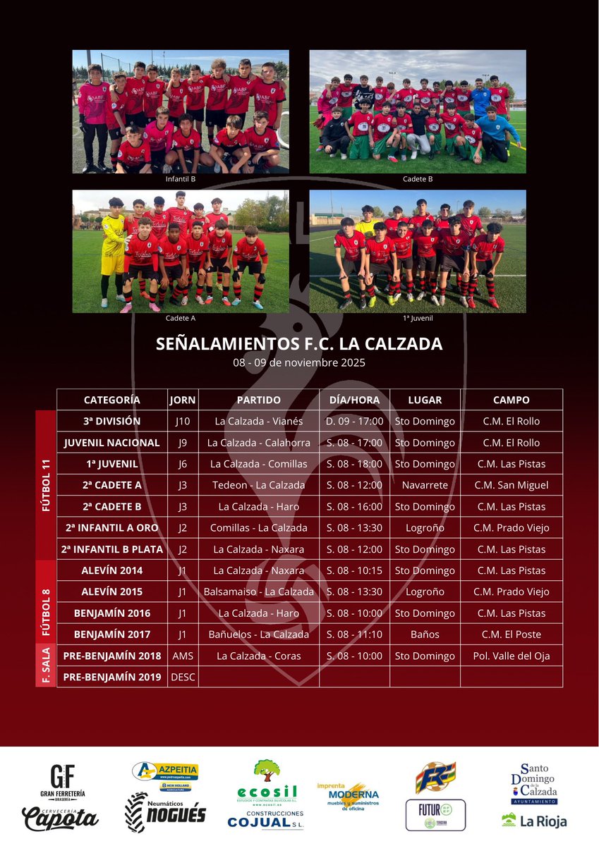 📅 Señalamientos del fin de semana | 8 y 9 de noviembre

Nuestros equipos ya están listos para una nueva jornada llena de fútbol. 

¡Aúpa Calzada! ❤️🖤🐓
