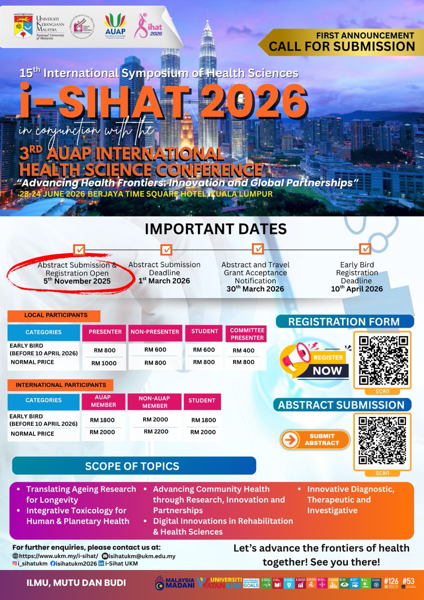 🌍 Join us for the 3rd AUAP International Health Science Conference 2026, in conjunction with i-SIHAT 2026 — “Advancing Health Frontiers: Innovation and Global Partnerships.”

#AUAP #iSIHAT2026 #GlobalHealth #Innovation #Partnerships