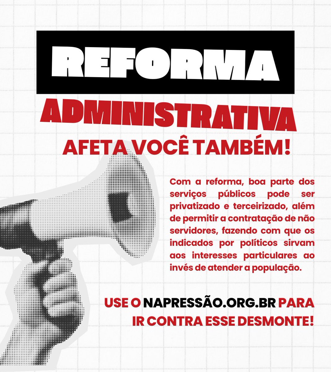 CUT_Brasil's tweet image. NÃO É SÓ PELO SERVIDOR, É POR VOCÊ TAMBÉM! ✊🏽🫵🏽

Com a PEC 38/25, o setor público corre risco de privatização e terceirização, fazendo com que os indicados por políticos sirvam aos interesses particulares ao invés de atender a população.

🔗 PRESSIONE: napressao.org.br/campanha/contr…