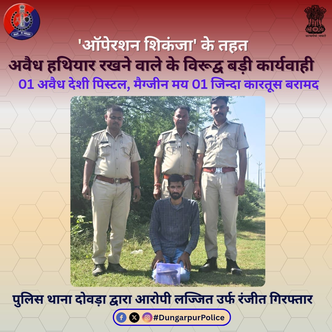 पुलिस थाना दोवड़ा द्वारा ऑपरेशन शिकंजा के तहत अवैध हथियार रखने वाले के विरुद्ध बड़ी कार्यवाही,
01 अवैध देशी पिस्टल, मैगजीन मय 01 जिंदा कारतूस बरामद।
@igpudaipur 
@policerajasthan
#Rajasthanpolice
#भारतीय_न्याय_संहिता
#भारतीय_नागरिक_सुरक्षा_संहिता
#नवीन_आपराधिक_कानून