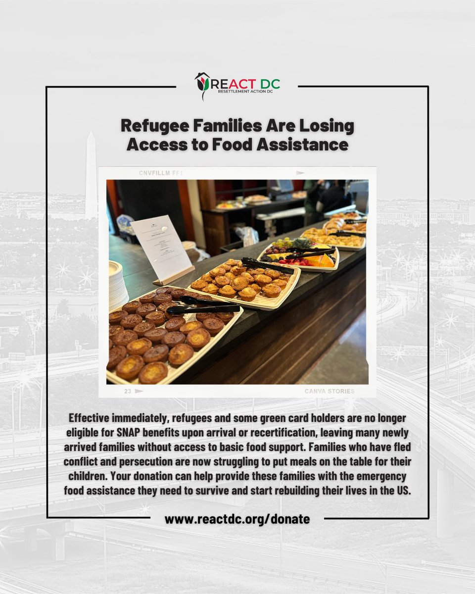 reactdcorg's tweet image. 🚨 Effective immediately, refugees &amp;amp; some LPRs are no longer eligible for SNAP. Families are struggling to afford food.

Help us support them: donorbox.org/general-suppor…
 💛
#RefugeeSupport #REACTDC #FoodSecurity