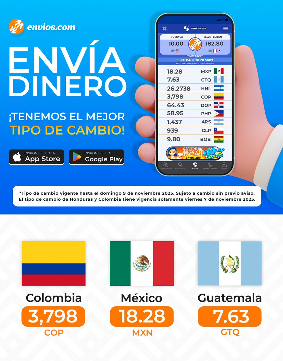 Te presentamos nuestro #tipodecambio para este fin de semana.

¡Descarga la App de Envios.com!
👉 envios.com/open

#Envíadinero desde #EstadosUnidos a #Latinoamérica y #Philippines