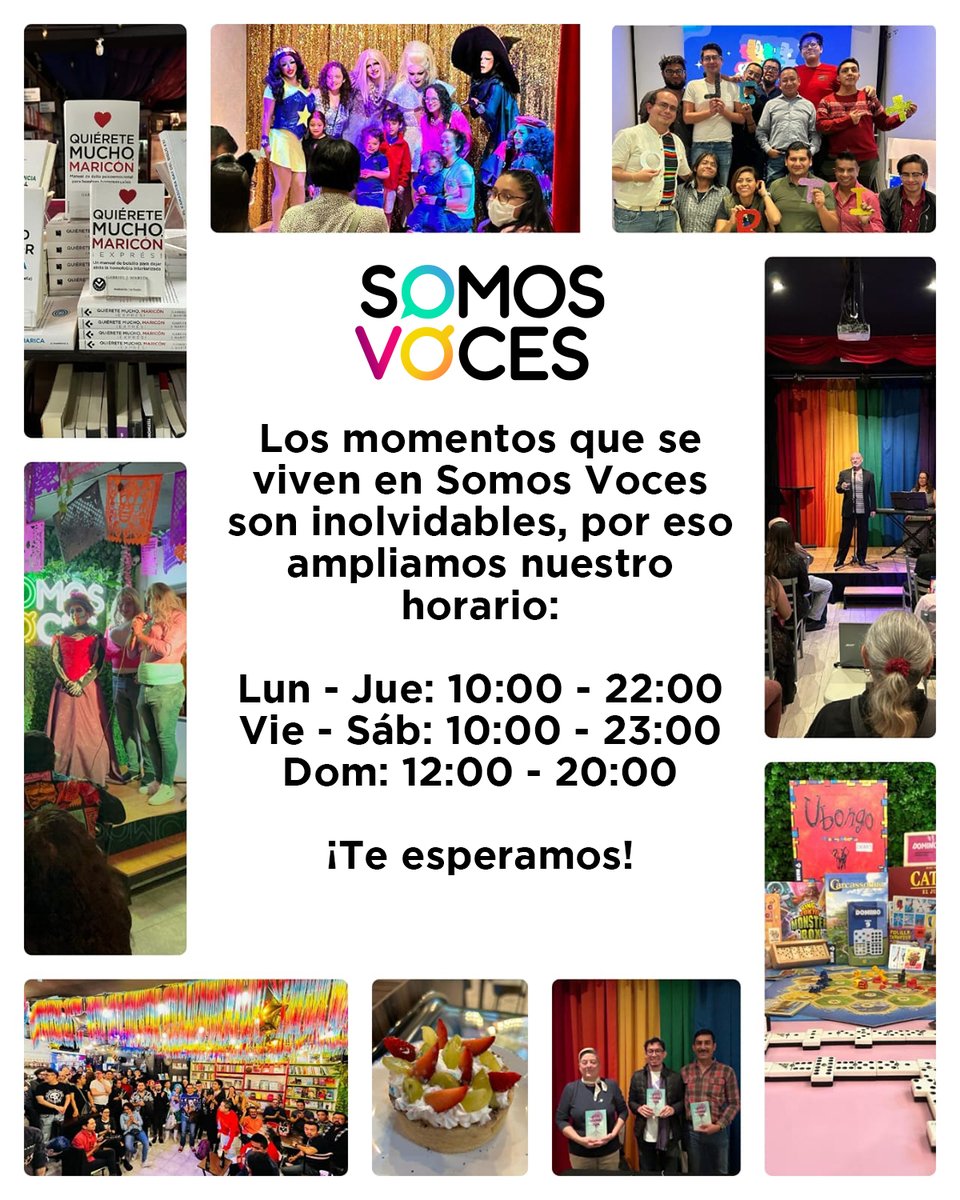 Cada momento que vives en #SomosVoces es inolvidable, por eso ampliamos nuestro horario nocturno y en 2025 además abrimos en domingos, porque tú lo pediste.
¡Tienes una cita en #SomosVoces, tu espacio seguro en el corazón de la Zona Rosa! 
🌈📚☕️🎉✨