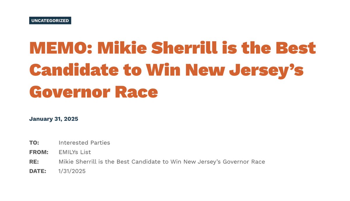In January, <a href="/emilyslist/">EMILYs List</a> wrote a memo laying out why Mikie Sherrill was the strongest general election candidate in the governor’s race. 

If you'd read it, you would've seen the Mikie landslide coming. 

They laid out exactly why she'd dominate, and they were right: 🧵