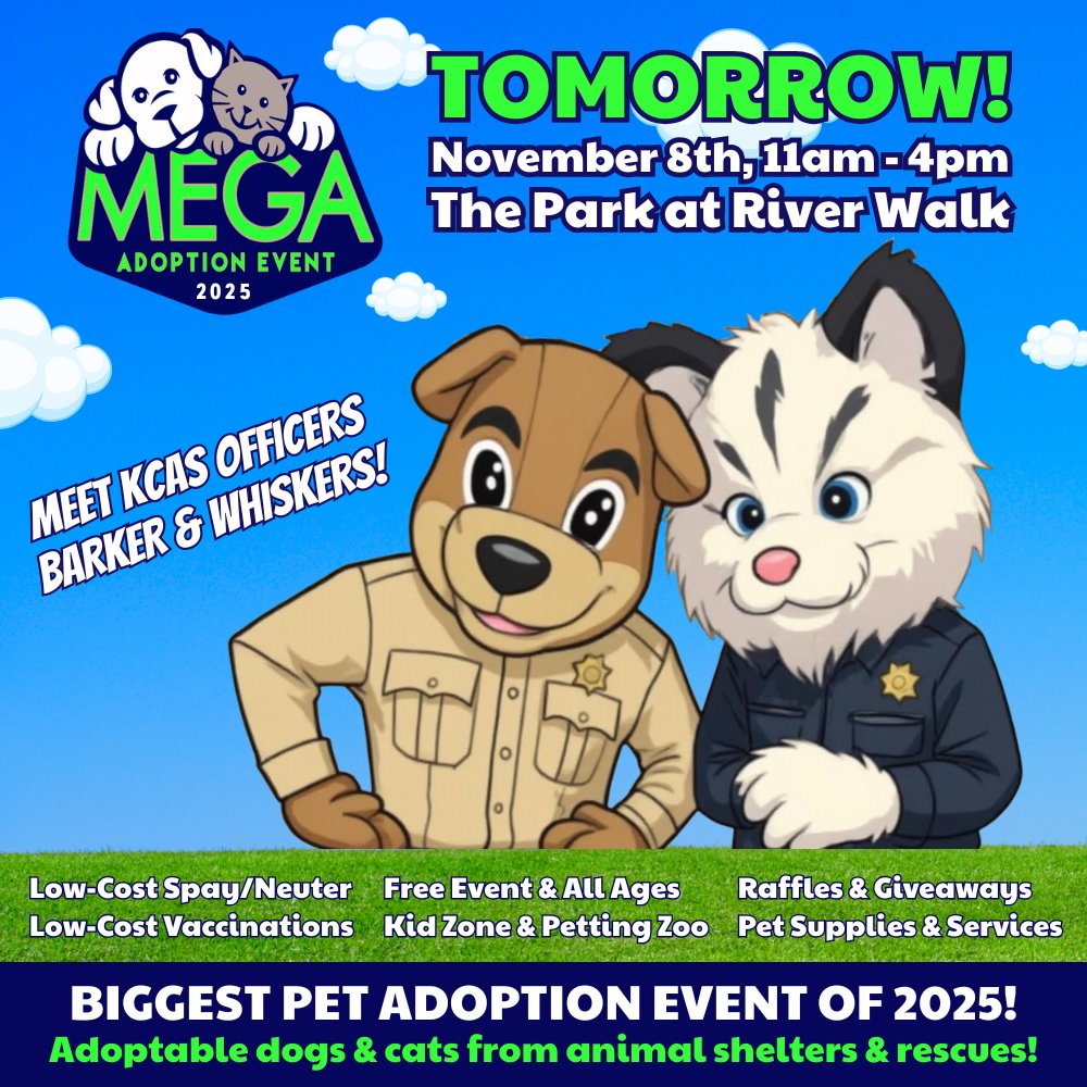 The Mega Adoption Event is tomorrow!

Adoptable pets from over 20 animal shelters and rescues! Over 30 pet-related vendor booths!

📷 Saturday, November 8th
📷 11 AM – 4 PM
📷 The Park at River Walk

More info 📷 KernCountyAnimalServices.org