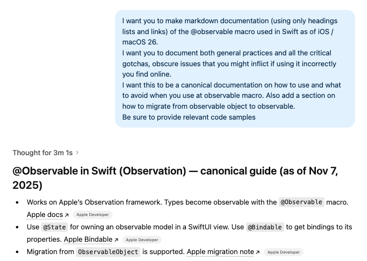 Apple doesn't make it easy to find the latest documentation (including gotchas, and undocumented workarounds).
Trying a new approach - creating my own library of the documentation on obscure topics. 
Though takes some editing, pleased with results so far chatgpt.com/share/690e2ab6…