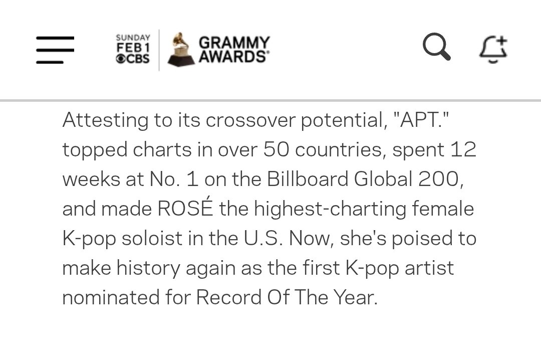 NumberOnesNews's tweet photo. THE GRAMMYS ON ROSÉ 
Attesting to its crossover potential, "APT." topped charts in over 50 countries, spent 12 weeks at No. 1 on the Billboard Global 200, and made ROSÉ the highest-charting female K-pop soloist in the U.S. Now, she's poised to make history again as the first K-pop artist nominated for Record Of The Year.
🔗:https://t.co/FJ7s4jub0o

GRAMMY NOMINEE ROSÉ 
#GRAMMYs          #ROSÉ