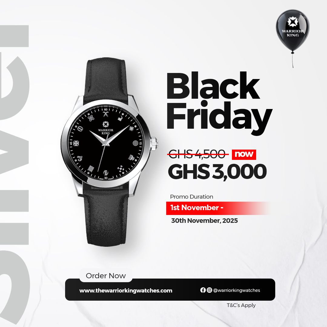 Asante_nation's tweet photo. Every second tells a story of strength, heritage, and class.

This Black Friday, let your wrist do the talking.
💥 Now GHS 3,500 (was GHS 5,000)
⏳ Offer ends 30th November!
#WarriorKingWatches #BlackFriday https://t.co/HjhE9y4d8Q