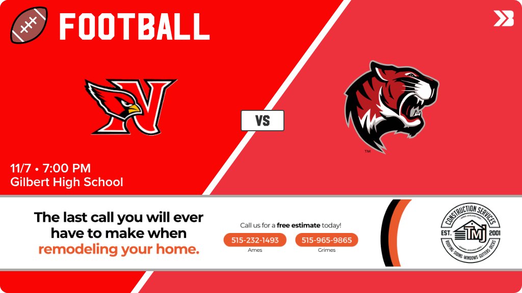 Football (Varsity) Game Day! - Check out the event preview for the The Gilbert Tigers vs The Newton Cardinals. It starts at 7:00 PM and is at Gilbert High School Tiger Stadium. gobound.com/ia/ihsaa/footb…