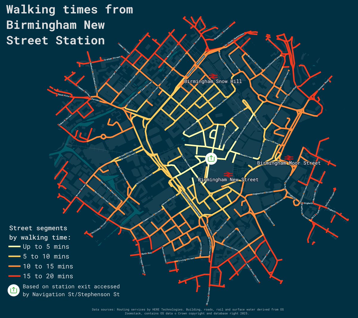 #30DayMapChallenge: Day 7: Accessibility

Walking times from Birmingham New Street. Made in #qgis with <a href="/OrdnanceSurvey/">Ordnance Survey</a> #zoomstack data and using the <a href="/here/">HERE Technologies</a> maps routing API.