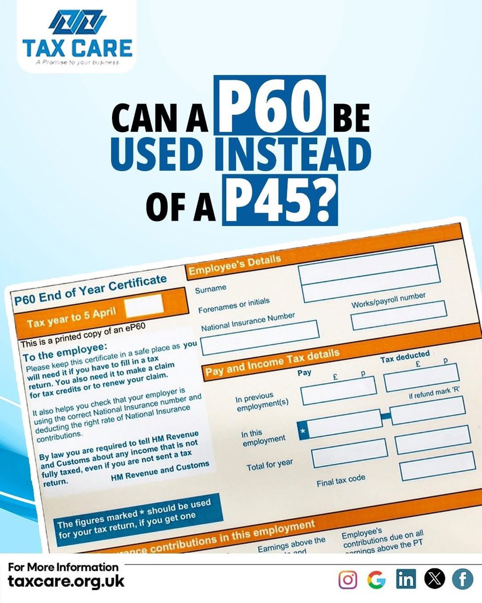 💡 Can a P60 Replace a P45? Here’s What You Need to Know!

If you’re switching jobs in the UK, it’s easy to mix up your tax forms but here’s the truth: a P60 can’t replace a P45.

Visit us: taxcare.org.uk

#pocket #taxrelief #landlords #UKfinance #payroll #smallbusiness
