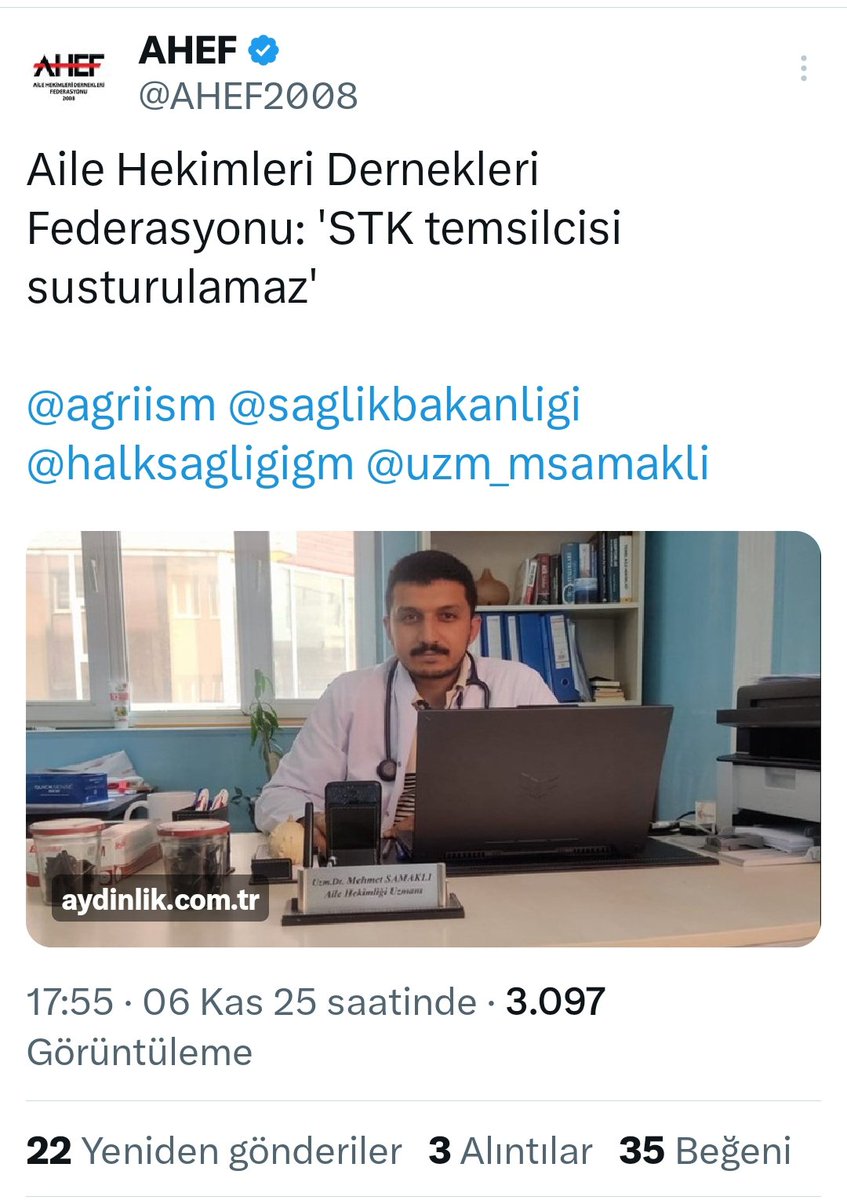#STKlarsusturulamaz
Aile hekimi ailelere halka en yakın olan sağlık profesyonelidir, il müdürlüğü ve bakanlık bürokratlığı gibi halktan kopuk değiliz... Dolayısıyla halkımızın sağlıkla, sağlığa Aile Sağlığı Merkezine erişimine en isabetli teşhisi de bizler üretiriz. 
BİZİ, STK