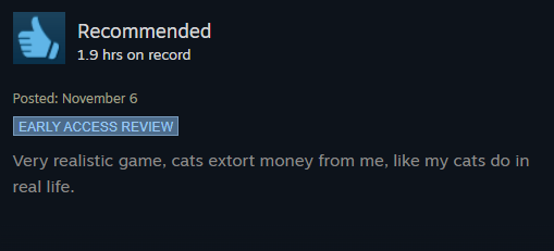This has got to be my favorite review of Whiskerwood so far.😼

Thank you to everyone who has picked up the game and left a review! Your support has made this launch even more amazing than we imagined. 🧡