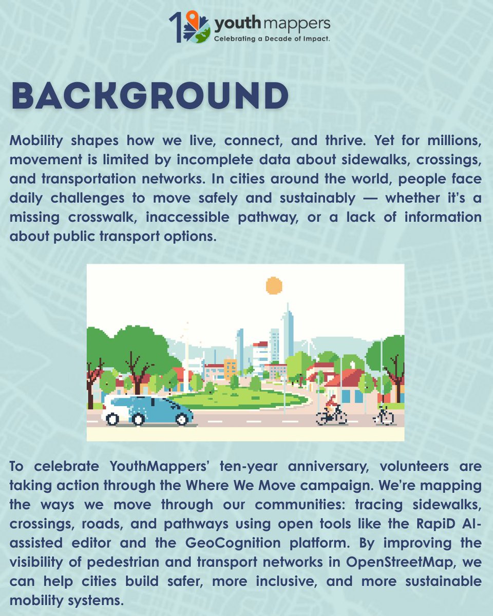 youthmappers's tweet image. Mobility connects us — but for millions, movement is limited by missing data on sidewalks, crossings &amp;amp; transport networks.

Join YouthMappers’ latest campaign to build safer, more inclusive cities 🌍
🔗 youthmappers.org/where-we-move

#YouthMappers #WhereWeMove #OSM #YouthMappers10
