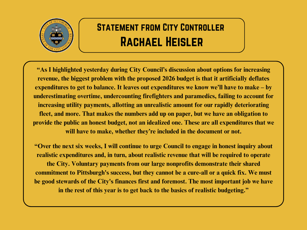 PGHController's tweet image. My statement on the discussion in City Council yesterday about the 2026 budget proposal and options for increasing revenue.