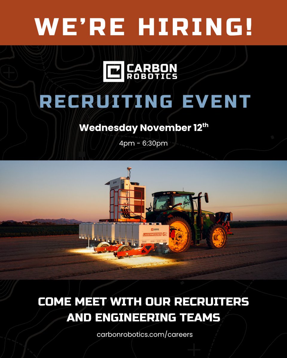 carbon_robotics's tweet image. Are you an Engineer looking for opportunities to make a big impact? We want to talk to you!

Come meet with us in person at our Downtown Seattle Headquarters for a happy hour to talk all things Carbon.

This event is targeting experienced tech industry professionals.

RSVP and…