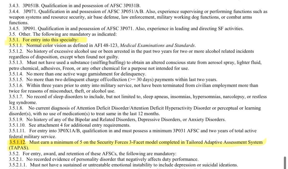 . <a href="/DoD_USD_PR/">OUSW (P&R)</a> <a href="/USW_PR_HONTata/">Under Secretary of War Anthony J. Tata</a> the Air Force is disqualifying <a href="/Kayla3Martin/">Kayla Martin</a> from her specialty code based off of ENTRY standards. 

This is not in line with policy.