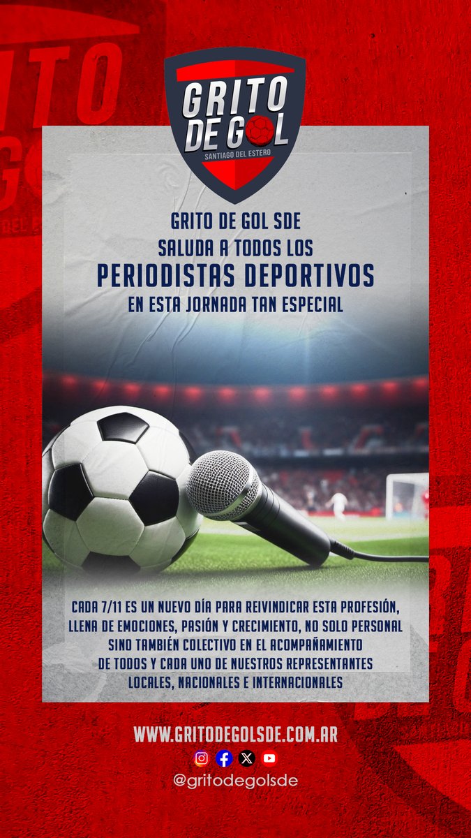 #DíadelPeriodistaDeportivo

En esta jornada tan especial, saludamos a todos los que son parte de <a href="/GritodeGolSdE/">Grito de Gol SdE</a> y todos nuestros colegas amigos.

¡Felicidades!