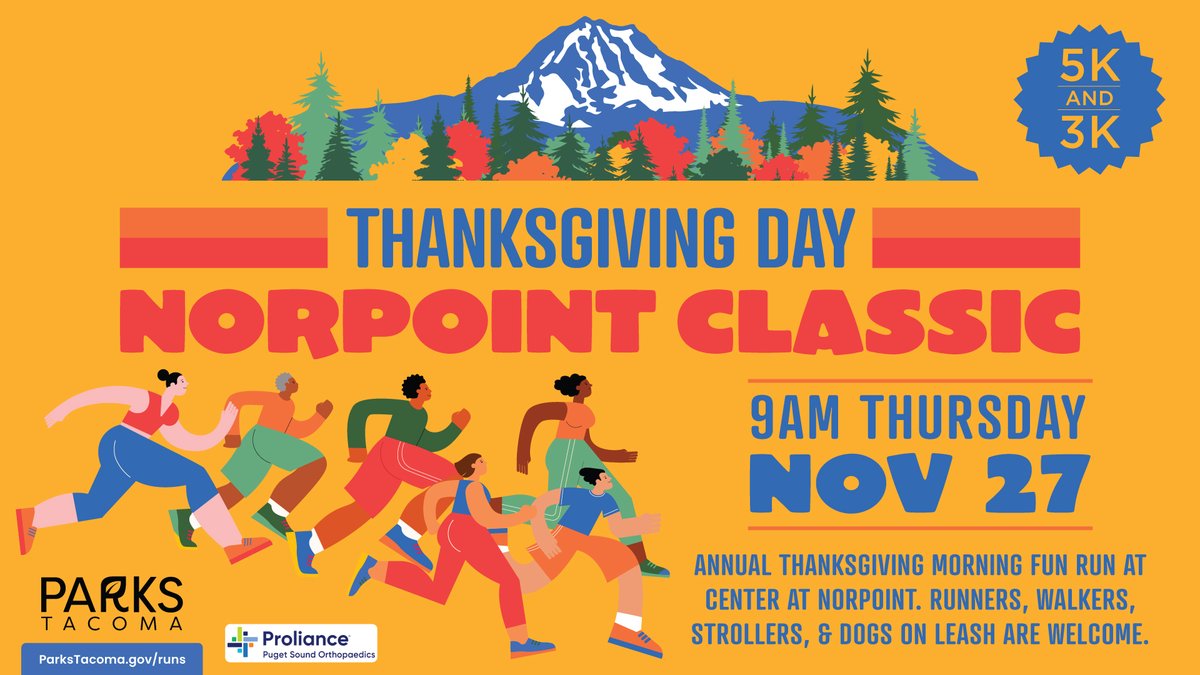 The Norpoint Classic is Tacoma’s original Thanksgiving fun run. Make it your family tradition!

Want a discount? Register by Sunday, Nov. 9 🦃 🏃🏻‍♀️🏃🏿‍♂️  Sign up at bit.ly/norpoint-class…

Supported by #ProliancePugetSoundOrthopaedics